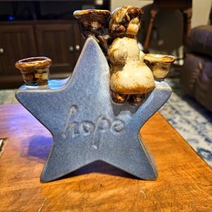 Star 3 tier hope candle holder angel glazed ceramic blue brown tan